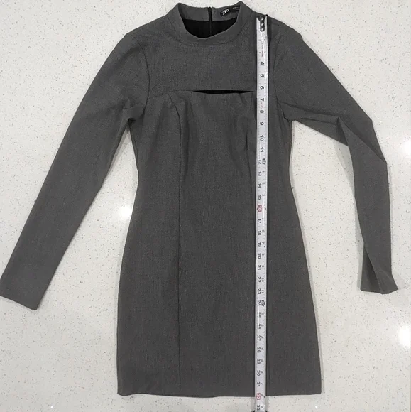 Zara gray front chest cut out Houndstooth sheath mini dress long sleeves size S - Picture 6 of 12
